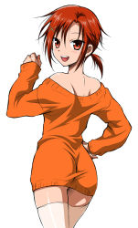 Rule 34 | 10s, 1girl, ass, bare shoulders, blush, hand on own hip, hino akane (smile precure!), looking at viewer, looking back, naked sweater, open mouth, orange shirt, precure, red eyes, red hair, shirt, short hair, simple background, smile precure!, solo, sweater, thighhighs, tomboy, wauwa, white background