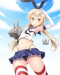 Rule 34 | 1girl, :o, anchor hair ornament, armpits, black hairband, black panties, blonde hair, blue skirt, blue sky, carrying, cloud, day, elbow gloves, gloves, hair between eyes, hair ornament, hairband, highres, horizontal-striped legwear, iganseijin, kantai collection, long hair, looking at viewer, navel, open mouth, panties, rensouhou-chan, salute, shimakaze (kancolle), skirt, sky, striped clothes, striped thighhighs, thighhighs, underwear, white gloves, yellow eyes