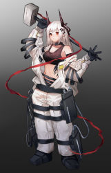 Rule 34 | 1girl, absurdres, arknights, bare shoulders, black footwear, black gloves, breasts, cleavage, closed mouth, collar, collarbone, ear piercing, gloves, gradient background, grey background, hair ornament, hammer, highres, holding, holding hammer, holding weapon, horns, infection monitor (arknights), large breasts, long hair, long sleeves, material growth, mudrock (arknights), navel, open clothes, oripathy lesion (arknights), piercing, pointy ears, shouz, silver hair, solo, sports bra, standing, stomach, velt, weapon