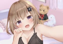 Rule 34 | 1girl, :d, bedroom, black bra, blurry, blurry background, blush, bra, breasts, brown hair, cleavage, close-up, collarbone, come hither, commentary, fang, frilled bra, frills, hair between eyes, hair ornament, hairclip, hand up, happy, heart, highres, indoors, kirikaze ren, large breasts, looking at viewer, open mouth, original, purple eyes, selfie, short hair, skin fang, smile, solo, stuffed animal, stuffed rabbit, stuffed toy, teddy bear, underwear
