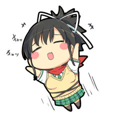Rule 34 | 1girl, :3, asuka (senran kagura), black hair, blush, blush stickers, breasts, chibi, chibi only, green skirt, hair ribbon, hanzou academy uniform, jumping, large breasts, miniskirt, official art, open mouth, pleated skirt, ponytail, red scarf, ribbon, scarf, senran kagura, senran kagura shoujo-tachi no shin&#039;ei, shirt, short hair, short ponytail, simple background, skirt, smile, solo, sweater vest, thighhighs, white background, white ribbon, white shirt, yaegashi nan