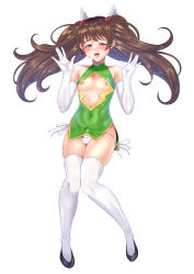 Rule 34 | 1boy, androgynous, artist request, bare shoulders, blush, brown hair, bulge, chinese clothes, covered navel, dress, elbow gloves, embarrassed, full body, fur, girly boy, gloves, green dress, highres, long hair, long twintails, looking at viewer, nipples, panties, pink eyes, shiny skin, shoes, short dress, side-tie panties, simple background, smile, solo, sweat, taimanin (series), taimanin asagi, taimanin rpgx, thong, trap, turtleneck, twintails, uehara shikanosuke, underwear, very long hair, white background, white gloves, white legwear, white panties