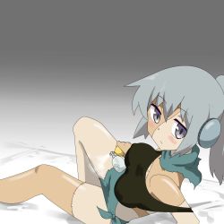 Rule 34 | 1girl, bed, bottle, commentary request, flamper, gobanme no mayoi neko, grey eyes, highres, ishuzoku reviewers, midriff, patchwork skin, perfume bottle, ponytail, scarf, short hair, silver hair, skirt, solo, undead, zombie