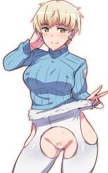 Rule 34 | 1girl, blonde hair, blue sweater, blush, brave witches, breasts, closed mouth, covered erect nipples, em (totsuzen no hakike), gluteal fold, hanna wind, large breasts, no panties, pantyhose, pussy, short hair, smile, solo, sweater, torn clothes, torn pantyhose, v, white pantyhose, world witches series, yellow eyes