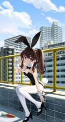 Rule 34 | 1girl, adjusting clothes, adjusting shoe, animal ears, black bow, black bowtie, black footwear, black hair, black leotard, blue eyes, blue sky, bow, bowtie, building, carrot, cityscape, cloud, day, detached collar, elisia valfelto, fake animal ears, hair intakes, high heels, highres, leotard, long hair, looking at viewer, luicent, mary janes, original, outdoors, pantyhose, playboy bunny, rabbit ears, rabbit tail, railing, shoes, sitting, sky, solo, strapless, strapless leotard, tail, white pantyhose, wrist cuffs