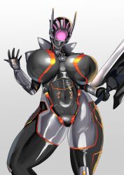 Rule 34 | 1girl, armor, artist request, biosuit, breasts, breasts apart, brunhild (taimanin asagi battle arena), curvy, faceless, faceless female, female focus, full armor, highres, holding, holding sword, holding weapon, huge breasts, monster girl, nipples, shiny clothes, simple background, solo, sword, taimanin (series), taimanin rpgx, thighs, weapon, white background