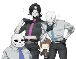 Rule 34 | 1other, 3boys, alternate costume, androgynous, android, bad id, bad pixiv id, belt, bent over, black gloves, black hair, black sclera, bone, brown hair, closed eyes, colored sclera, frisk (undertale), gloves, grin, hair over one eye, hand in pocket, long sleeves, looking at another, looking at viewer, male focus, mettaton, mettaton ex, multiple boys, necktie, pants, papyrus (undertale), pink eyes, sans (undertale), shirt, short hair, simple background, skeleton, skull, smile, smirk, sparkle, teeth, undertale, v, wadani hitonori, white background