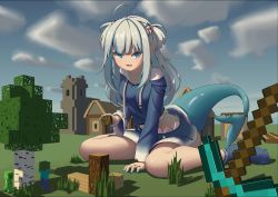 Rule 34 | 1girl, absurdres, ahoge, animal costume, animal hood, blue eyes, blue hair, blue hoodie, blunt bangs, creeper, fins, fish tail, gawr gura, giant, giantess, grass, hair ornament, highres, hololive, hololive english, hood, hoodie, long sleeves, medium hair, minecraft, minecraft pickaxe, multicolored hair, pickaxe, shark costume, shark girl, shark hair ornament, shark hood, shark tail, sharp teeth, silver hair, socks, solo, streaked hair, tail, tall grass, teeth, tenroy, thighs, two side up, virtual youtuber, wide sleeves, zombie (minecraft)