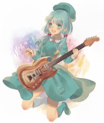 Rule 34 | 1girl, alternate hairstyle, bad id, bad pixiv id, blue hair, blush, boots, dress, eyebrows, green footwear, guitar, hair bobbles, hair ornament, hat, instrument, kawashiro nitori, long hair, looking at viewer, low-tied long hair, low twintails, open mouth, pocket, rubber boots, shirt, short hair, short sleeves, skirt, skirt set, smile, solo, touhou, touya (konpekitou), twintails