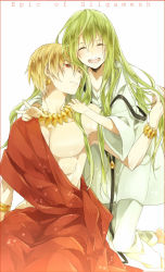 Rule 34 | 2boys, androgynous, azusa (sarie303030), bad id, bad pixiv id, blonde hair, bracelet, earrings, enkidu (fate), fate/strange fake, fate/zero, fate (series), gilgamesh (fate), green hair, jewelry, long hair, male focus, multiple boys, necklace, red eyes, shirako miso, toga