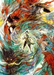 Rule 34 | 1girl, 2boys, arm at side, arm guards, beard, black hair, breasts, character request, chinese commentary, closed eyes, colorful, dragon, eastern dragon, facial hair, facing viewer, feng yu zhou, fire, floating, floating hair, floating object, hat, highres, long hair, looking at viewer, looking away, looking back, monster, multiple boys, pants, sash, short sleeves, sleeveless, spiral, straw hat, tataka510, topknot, twintails
