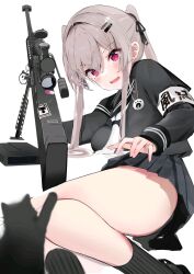 Rule 34 | 1girl, anti-materiel rifle, armband, barrett m82, black skirt, blush, breasts, cat, commentary request, dleung, dog tags, full body, gun, highres, light brown hair, lying, medium breasts, neckerchief, on side, open mouth, original, panties, pantyshot, pleated skirt, red eyes, rifle, sailor collar, scared, school uniform, scope, serafuku, shoes, skirt, sniper rifle, socks, solo, surprised, tears, thighs, twintails, underwear, weapon, white background