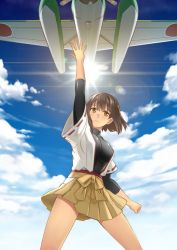 Rule 34 | 10s, 1girl, aircraft, airplane, blush, bodysuit, brown eyes, brown hair, cloud, commentary request, cowboy shot, day, hand up, hyuuga (kancolle), japanese clothes, kantai collection, looking at viewer, nontraditional miko, short hair, skin tight, skirt, sky, sun, undershirt, yumi yumi, zuiun (kancolle)