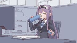 Rule 34 | 1girl, :t, black hairband, black jacket, blue ribbon, blush, breasts, buttons, closed eyes, closed mouth, collared shirt, computer monitor, cubicle, desk, drinking, female focus, glasses, hairband, hands up, highres, holding thermos, indoors, jacket, long hair, long sleeves, neck ribbon, on chair, original, paper stack, purple hair, ribbon, rune (dualhart), semi-rimless eyewear, shirt, sidelocks, sitting, small breasts, solo, teacher, thermos, u u, upper body, white shirt, window, yurina (rune (dualhart))