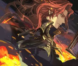 Rule 34 | 1boy, arvis (fire emblem), bad id, bad twitter id, book, cape, fire, fire emblem, fire emblem: genealogy of the holy war, long hair, looking to the side, nijihayashi, nintendo, red eyes, red hair, signature, smirk, solo