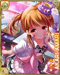 Rule 34 | 1girl, amari akari, apron, arm behind back, beads, blush, candy, card (medium), character name, chocolate, collared shirt, cup, eyeball, food, food on face, frilled apron, frills, from above, frying pan, girlfriend (kari), hair beads, hair ornament, hand on own cheek, hand on own face, holding, holding knife, indoors, jpeg artifacts, knife, leaning forward, licking, light brown hair, looking at viewer, looking up, multicolored hair, multicolored nails, nail polish, necktie, official art, pink apron, plaid, plaid skirt, plate, pleated skirt, qp:flapper, red eyes, red hair, shirt, side ponytail, skirt, sleeves rolled up, solo, sparkle, star (symbol), streaked hair, striped clothes, striped necktie, striped neckwear, table, teacup, tongue, tongue out, vertical-striped clothes, vertical-striped necktie, white shirt
