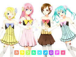Rule 34 | 4girls, :d, aqua dress, aqua eyes, bad id, bad pixiv id, bare legs, blonde hair, blue bow, blue eyes, blue flower, bow, brown dress, brown eyes, brown hair, closed mouth, colorful x melody (vocaloid), detached sleeves, dress, expressionless, flower, grey legwear, hair between eyes, hair flower, hair ornament, happy, hatsune miku, kagamine rin, lineup, looking at viewer, megurine luka, meiko (vocaloid), multiple girls, musical note, one eye closed, open mouth, pantyhose, pink bow, pink dress, pink flower, pink hair, project diva, project diva (series), project diva 2nd, purple eyes, red bow, round teeth, sahara (nikam), short dress, simple background, smile, standing, straight hair, strapless, strapless dress, striped clothes, striped dress, teeth, thighhighs, upper body, vocaloid, white background, white detached sleeves, wink, yellow bow, yellow dress, yellow flower