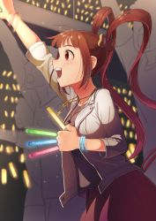 Rule 34 | 1girl, blush, bracelet, breasts, collarbone, from side, glowstick, idolmaster, idolmaster million live!, jewelry, kamille (vcx68), lightning bolt necklace, long hair, looking away, matsuda arisa, medium breasts, necklace, open mouth, red eyes, red hair, smile, solo, solo focus, twintails, very long hair