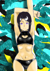 Rule 34 | 1girl, absurdres, armpits, arms up, bikini, black bikini, black hair, blue background, breasts, cleavage, cleavage cutout, closed mouth, clothing cutout, danganronpa: trigger happy havoc, danganronpa (series), female focus, freckles, highres, ikusaba mukuro, kbt-type, looking at viewer, medium breasts, navel, purple eyes, shiny clothes, shiny skin, simple background, solo, swimsuit, underboob, upper body, white background, yellow background