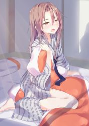 Rule 34 | 1girl, :o, barefoot, blanket, blush, brown eyes, brown hair, futon, hair down, half-closed eyes, highres, holding, holding blanket, indoors, japanese clothes, kantai collection, long hair, natsuki (gedo), open mouth, pillow, saliva, sitting, solo, waking up, zuihou (kancolle)