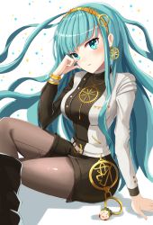 Rule 34 | 1girl, absurdres, boots, breasts, c3yooooo, character doll, cleopatra (fate), earrings, fate/grand order, fate (series), green eyes, green hair, hairband, highres, jewelry, gaius julius caesar (fate), crossed legs, long hair, matching hair/eyes, medium breasts, necklace, pantyhose, pantyhose under shorts, shorts, simple background, sitting, solo, very long hair, white background