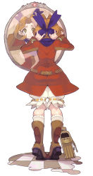 Rule 34 | 1girl, bag, bloomers, boots, brown eyes, brown hair, carol anderson, dress, full body, hair ribbon, jewelry, knee boots, mirror, red skirt, reflection, ribbon, sasaki tomomi, short hair, skirt, solo, underwear, white background, white bloomers, wild arms, wild arms 5