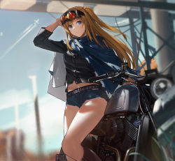 Rule 34 | 1girl, aircraft, airplane, arm up, belt, black shirt, blue eyes, blue shorts, blue skirt, brown hair, closed mouth, day, denim, denim shorts, feet out of frame, french flag, goggles, goggles on head, long hair, looking at viewer, motor vehicle, motorcycle, one side up, original, outdoors, qiongsheng, shirt, short shorts, shorts, skirt, solo, standing, thighs, torn clothes