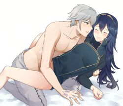 Rule 34 | abs, ameno (a meno0), bad id, bad pixiv id, bare legs, black undershirt, blue hair, blue tunic, blush, bottomless, brand of the defile, brown eyes, closed eyes, clothed sex, eyes of grima, fire emblem, fire emblem awakening, happy sex, hetero, lucina (fire emblem), mark of grima, nintendo, pants, robin (fire emblem), robin (male) (fire emblem), sex, spooning, topless male, tunic, vaginal, white hair, white pants