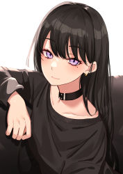Rule 34 | 1girl, absurdres, black hair, blush, closed mouth, collar, collarbone, ear piercing, earrings, highres, ichiki 1, jewelry, long hair, looking at viewer, mole, mole under eye, original, piercing, purple eyes, simple background, sitting, smile, straight hair, white background