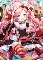 Rule 34 | 1girl, :d, akkijin, aqua eyes, black dress, breasts, brown hat, cake, candy, card (medium), chocolate, cookie, doughnut, dress, food, hat, heart, large breasts, long hair, looking at viewer, official art, open mouth, pink hair, polearm, red ribbon, ribbon, shinkai no valkyrie, smile, striped ribbon, thighhighs, trident, twintails, weapon