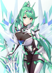 Rule 34 | 1girl, absurdres, armor, breasts, character name, chest jewel, earrings, female focus, gem, gloves, greek text, green eyes, green hair, hair ornament, headpiece, highres, holding, holding sword, holding weapon, jewelry, large breasts, long hair, matching hair/eyes, mechanical wings, nintendo, pneuma (xenoblade), ponytail, solo, swept bangs, sword, tiara, very long hair, weapon, wings, xenoblade chronicles (series), xenoblade chronicles 2, xiao qi