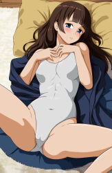 Rule 34 | 1girl, black hair, blue eyes, blunt bangs, breasts, cameltoe, covered navel, day dreamer, feet out of frame, hands on own chest, highleg, highleg swimsuit, highres, long hair, looking at viewer, medium breasts, one-piece swimsuit, open clothes, open robe, original, pillow, robe, school swimsuit, solo, spread legs, swimsuit, white one-piece swimsuit