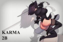 Rule 34 | 1girl, 2b (nier:automata), artist request, ass, black dress, black hair, blindfold, boots, breasts, cosplay, dress, fighting stance, floating hair, full body, gradient background, grey background, heels, karma (vtuber), katana, large breasts, lips, nier:automata, nier (series), one eye covered, serious, skirt, sword, virtual youtuber, weapon