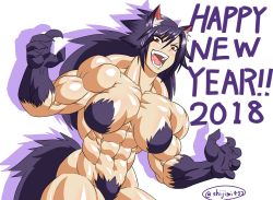 Rule 34 | 1girl, 2018, abs, animal ears, biceps, black hair, breasts, fangs, female focus, highres, long hair, looking at viewer, monster girl, muscular, muscular female, navel, new year, red eyes, shijimi432, solo, tail, tongue, werewolf