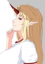 Rule 34 | 1girl, blonde hair, breasts, bunsuirei, closed mouth, commentary request, grey background, hand on own chin, highres, horns, hoshiguma yuugi, large breasts, long hair, looking at viewer, looking to the side, parted bangs, pointy ears, profile, red eyes, red horns, shirt, short sleeves, sidelocks, single horn, smile, solo, star (symbol), t-shirt, touhou, two-tone background, upper body, white shirt