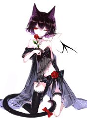 Rule 34 | 1girl, absurdres, animal ears, artist name, black choker, black hair, bow, cat ears, cat tail, choker, crescent choker, flat chest, flower, hair between eyes, hair bow, highres, holding, holding flower, kneeling, looking to the side, multicolored hair, nail polish, navel, off shoulder, one eye closed, original, purple hair, red bow, red eyes, red flower, red nails, red rose, rose, sheya, short hair, signature, simple background, single thighhigh, solo, strapless, tail, thigh strap, thighhighs, thighs, white background