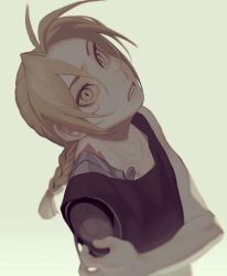 Rule 34 | 1boy, aged down, ahoge, automail, bare arms, bare shoulders, blonde hair, braid, braided ponytail, cbow, edward elric, eyelashes, from above, from side, fullmetal alchemist, hair between eyes, hand on own arm, highres, hurt, long hair, male focus, mechanical arms, parted bangs, parted lips, scar, scar on chest, simple background, single braid, single mechanical arm, solo, tank top, teeth, upper body, yellow background, yellow eyes
