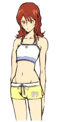 Rule 34 | 1girl, arms at sides, blush, brown eyes, brown hair, cissnei, clothes writing, collarbone, cowboy shot, crisis core final fantasy vii, crop top, drawstring, female focus, final fantasy, final fantasy vii, hair between eyes, legs, looking at viewer, midriff, navel, nomura tetsuya, official art, shirt, shorts, shorts writing, simple background, solo, square enix, thighs, white background, white shirt, yellow shorts