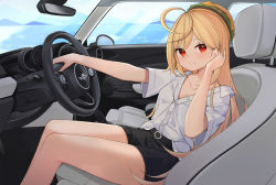 Rule 34 | 1girl, absurdres, ahoge, black shorts, blonde hair, burger, car interior, food, hand up, hat, highres, indie virtual youtuber, jingburger, long hair, looking at viewer, partially unbuttoned, red eyes, shirt, shirt tucked in, short shorts, shorts, sitting, smile, solo, steering wheel, thighs, very long hair, virtual youtuber, white shirt, ziro (zirorong)