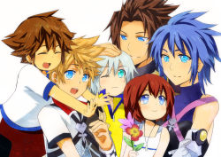 Rule 34 | 2girls, 4boys, age difference, aqua (kingdom hearts), aqua eyes, blonde hair, blue eyes, blue hair, brown hair, child, commentary, closed eyes, flower, hand on another&#039;s head, jewelry, kairi (kingdom hearts), kingdom hearts, kingdom hearts birth by sleep, looking at another, meru, multiple boys, multiple girls, necklace, one eye closed, open mouth, red hair, riku (kingdom hearts), simple background, smile, sora (kingdom hearts), terra (kingdom hearts), ventus (kingdom hearts), white background, white hair, wristband