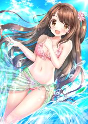Rule 34 | 1girl, :d, bikini, blue sky, blush, breasts, brown eyes, brown hair, cleavage, cloud, commentary request, day, dutch angle, fisheye, floral print, flower, frilled bikini, frills, gluteal fold, groin, hair flower, hair ornament, hand on own chest, highres, idolmaster, idolmaster cinderella girls, keyspace, lens flare, long hair, looking at viewer, medium breasts, navel, one side up, open mouth, outdoors, pink bikini, sarong, see-through, shimamura uzuki, sky, smile, solo, sunlight, swimsuit, tareme, wading, water, water drop