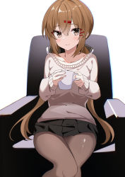 Rule 34 | 1girl, absurdres, alternate costume, black bow, bow, breasts, brown eyes, brown hair, brown pantyhose, chair, cup, fathom, hair bow, hair ornament, hairclip, highres, kantai collection, long hair, long sleeves, looking at viewer, low twintails, medium breasts, mug, pantyhose, ribbed sweater, sitting, skirt, solo, star (symbol), sweater, tashkent (kancolle), twintails, white sweater
