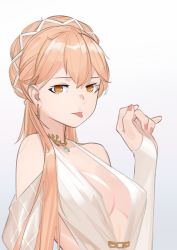 Rule 34 | 1girl, blonde hair, breasts, closed mouth, dress, earrings, elbow gloves, female focus, girls&#039; frontline, gloves, hair ornament, hand up, highres, jewelry, long hair, looking at viewer, medium breasts, nail polish, necklace, official alternate costume, orange eyes, ots-14 (destined love) (girls&#039; frontline), ots-14 (girls&#039; frontline), partially fingerless gloves, pink nails, salty eyes, solo, tongue, tongue out, upper body, white background, white dress, white gloves