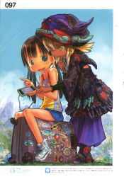 2girls :d absurdres artist_name bare_shoulders black_hair blonde_hair blue_eyes blush cellphone dark-skinned_female dark_skin earphones grass hat highres holding iphone long_hair looking_at_another multiple_girls open_mouth original outdoors page_number phone scan short_hair shorts sitting smartphone smile suitcase sweat translation_request tsukushi_akihito twintails yellow_eyes