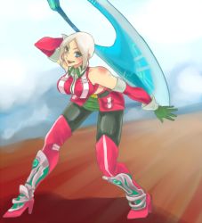 Rule 34 | 1girl, armor, bare shoulders, belt, blue eyes, boots, breasts, earrings, elbow gloves, gloves, grey hair, ines lorenzen, jewelry, midriff, open mouth, pantyhose, short hair, skirt, tales of (series), tales of hearts, thigh boots, thighhighs, weapon