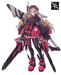 Rule 34 | 1girl, aged up, arknights, bow, chainsaw, dr yamero, grey hair, hair bow, hair ornament, hair over one eye, hat, highres, long hair, looking at viewer, popukar (arknights), purple hat, red eyes, stuffed toy, thighhighs, white background