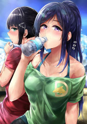 Rule 34 | 10s, 2girls, bare shoulders, black hair, blue hair, blue sky, blush, bottle, breasts, cleavage, closed mouth, cloud, collarbone, day, dolphin, drinking, green eyes, green hair, green shirt, hair ornament, hairclip, hand up, high ponytail, highres, holding, holding bottle, holding towel, kurosawa dia, long hair, looking at viewer, looking back, love live!, love live! school idol festival, love live! sunshine!!, matsuura kanan, medium breasts, multiple girls, napo8593, outdoors, parted bangs, parted lips, ponytail, purple eyes, red shirt, shiny skin, shirt, short sleeves, sidelocks, sky, sweat, towel, water bottle
