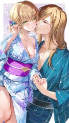 1boy 1girl blonde_hair blush border breasts cleavage collarbone commentary_request couple cowboy_shot floral_print_kimono glasses green_eyes hair_ornament highres holding_hands jade_curtiss japanese_clothes kimono light_brown_hair long_hair looking_at_another medium_breasts nail_polish natalia_luzu_kimlasca_lanvaldear obi outside_border parted_lips pink_nails purple_sash red_eyes sash short_hair shuragyoku_mami sweat sweatdrop tales_of_(series) tales_of_the_abyss white_border wide_sleeves yukata