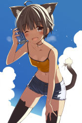 Rule 34 | 1girl, :d, ;d, ahoge, animal ear legwear, animal ears, bare arms, bare shoulders, black thighhighs, blue shorts, blue sky, blush, breasts, brown eyes, brown hair, buttons, can, can to cheek, cat ear legwear, cat ears, cat tail, cleavage, cloud, collarbone, cowboy shot, cutoffs, day, denim, denim shorts, drink can, fang, glint, holding, jewelry, legs apart, midriff, navel, necklace, ohta yuichi, one eye closed, open mouth, original, outdoors, pendant, ribbon, short hair, short shorts, shorts, sky, sleeveless, small breasts, smile, soda can, solo, spaghetti strap, standing, stomach, sweat, tail, tail ornament, tail ribbon, tareme, thighhighs, white ribbon