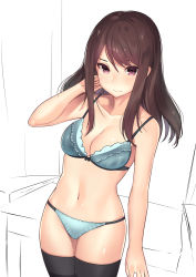 Rule 34 | 1girl, adjusting hair, arm at side, arm up, black thighhighs, blue bra, blue panties, blush, bra, breasts, brown hair, cleavage, closed mouth, collarbone, commentary request, cowboy shot, expressionless, hand in own hair, highres, indoors, kagematsuri, legs together, light smile, long hair, looking at viewer, medium breasts, mole, mole under eye, original, panties, purple eyes, shiny skin, sidelocks, sketch, skindentation, solo, standing, swept bangs, thighhighs, tsurime, underwear, underwear only